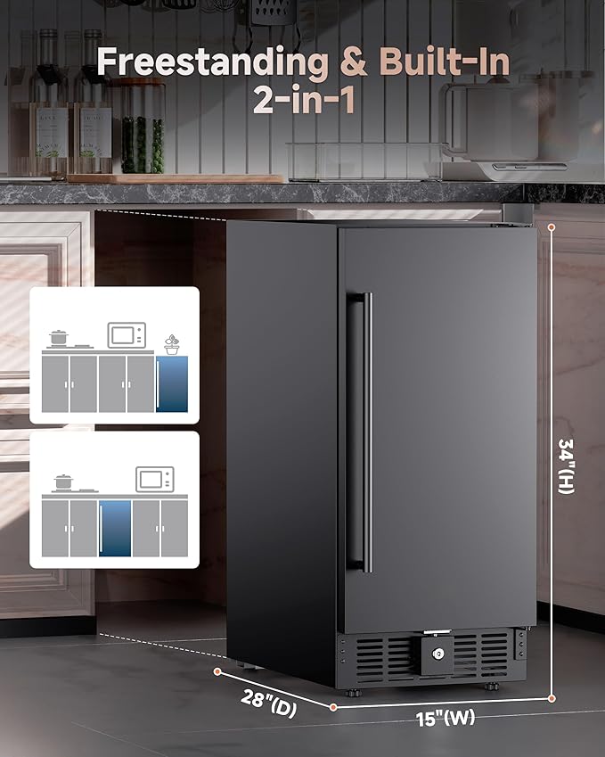 15 Inch Built-In Beverage Cooler, 128 Can Under Counter Fridge with Adjustable Shelves, ≤45dB Quiet Freestanding Beer Refrigerator for Home Bar & Outdoor Use (Black)