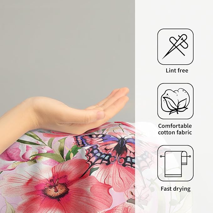 Imiss Pink Flowers Kitchen Dish Hand Towels 14.4 x 28.3 Inch Pink Purple Butterfly Green Leaves Small Bath Guest Towel for Bathroom Hotel Gym Spa