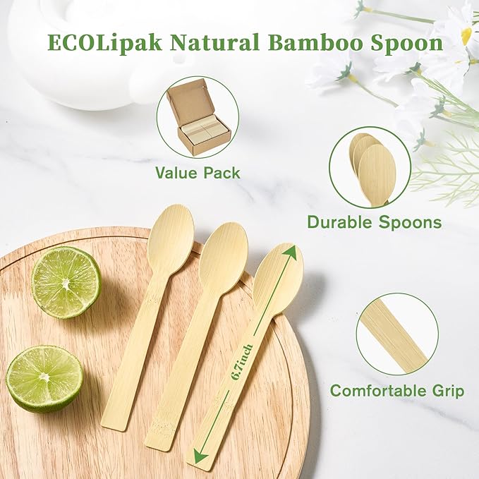 ECOLipak 300 Count Bamboo Spoons Disposable, 6.7 Inch No Splinters Heavy Duty Bamboo Disposable Compostable Spoons for Party, Wedding, Camping, Traveling, Family Dinners, Large Events