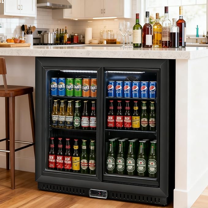 Commercial Back Bar Cooler with 2 Glass Sliding Doors, 7.4 cu.ft Under Counter Beverage Refrigerator, LED Lighting - ETL Beer and Wine Cooler for Bar, Restaurant, Garage, Office, Home