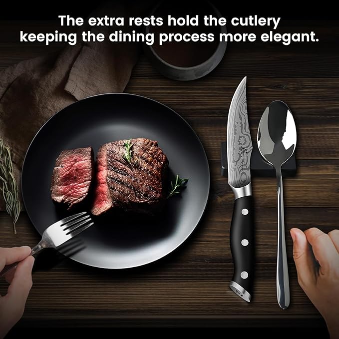 Steak Knives Set of 4, 4.8 Inch Fine-Edge Super Sharp Table Knives with Rest, Premium Germany Stainless Steel Ergonomic Handle, Elegant Black Ideal for Gift