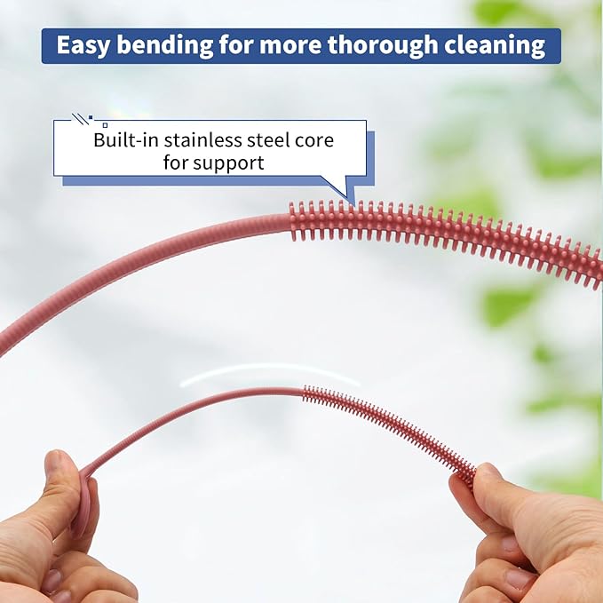 Silicone Straw Cleaner Brush, 2Pcs Reusable Straw Brush Extra Long for Cleaning Tumbler with Handle and Glass Metal Smoothie Straws, Non-slip Handle Soft and Bendable, 6mm+9mm (Pink)