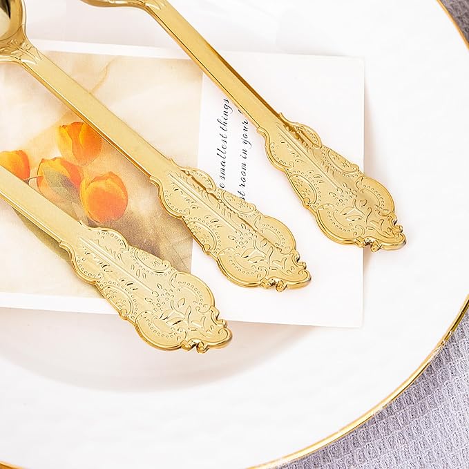 WDF 100 Piece Gold Plastic Spoons Disposable - 6.93 Inch Baroque Gold Spoons Plastic Silverware for Dessert Cake - Heavy Duty for Thanksgiving Party, Wedding or Daily Using