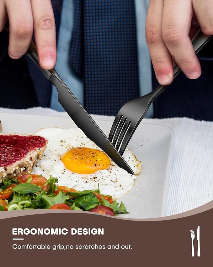 Black Silverware Set, Ollex 40PCS Black Flatware Set for 8 Include Knife Spoon Fork Set for Kitchen Tableware Eating Utensil Set, Stainless Steel Cutlery Set Mirror Polished, Dishwasher Safe