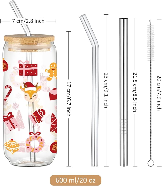 Joeyan Christmas Glass Cups with Lids and Straws,20 oz Iced Coffee Tumbler with Gingerbread Man and Elk Patterns,Cute Can Shaped Beer Drinking Glasses,Holiday Gifts for Women Mom Friend