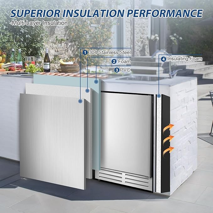 24 Inch Beverage Refrigerator Outdoor, Under Counter Beverage Cooler for Patio, Built-in Drink Fridge 210 Cans, with Stainless Steel Door for Soda, Beer, Wine