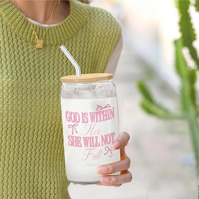 Coquette Pink Bow Christian Glass Cup with Lids and Straws 14oz, Bible Verse Gifts, God is Within Her She Will Not fall Scripture Glass Coffee Tumbler Drinking Jars with Cleaning Brush