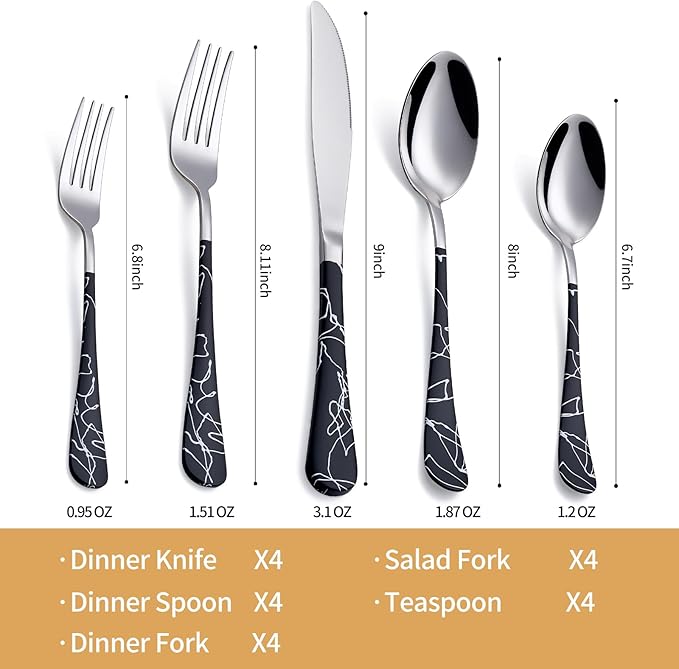 20-Piece Black crack Silverware Set 18/0 Stainless Steel Silverware Set Black crack Handle Cutlery Set Service for 4 Dinner Knives Forks Spoons Set Flatware Set Finish Dishwasher Safe