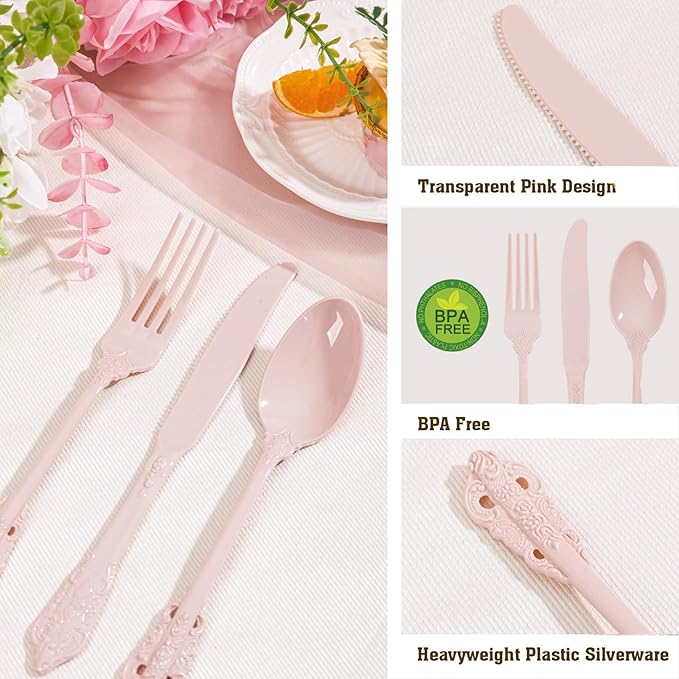 WDF 120 Pieces Heavy Duty Pink Plastic Silverware - Pink Plastic Cutlery Set - Disposable Utensils - Disposable Flatware Includes 40 Forks, 40 Spoons, 40 Knives for Party, Wedding, Valentine's Day
