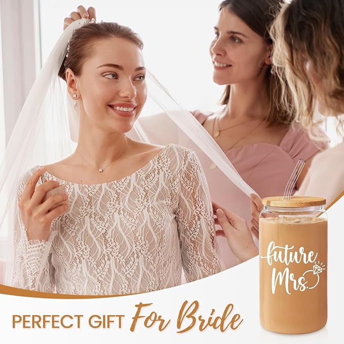 SANDJEST Future Mrs Glass Coffee Cup 16 Oz with Bamboo Lid and Straw - Bridal Shower Gift - Engagement & Bachelorette Gifts for Bride