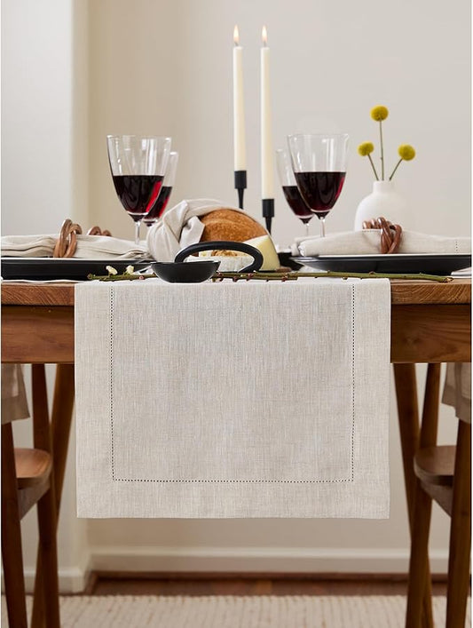 Solino Home Linen Table Runner 90 Inches Long - 100% Pure Linen Light Natural Table Runner 14 x 90 Inch for New Year - Classic Hemstitch