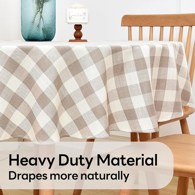 Gingham Round Tablecloth Table Cloth Heavy Duty Cotton Checkered Table Cloth Round Cover for Dining Room (R-Beige, 53 inch Diameter)