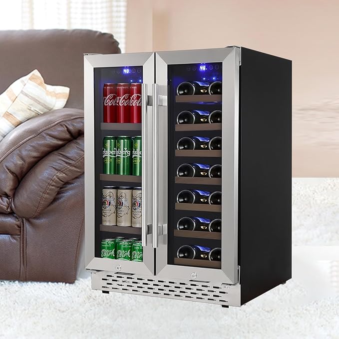 Dual Zone Wine and Beverage Refrigerator, Built-In or Freestanding, 19 Bottle 57 Can Capacity, Adjustable Racks, Quiet Compressor, Double Glass Door, Digital Control, Mini Fridge for Home Bar Kitchen
