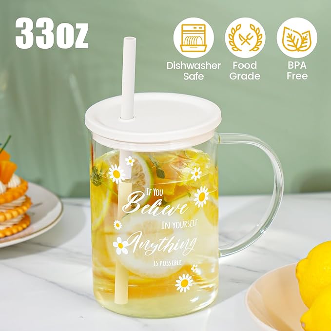 NiHome 33oz Large Clear Glass Cup with Handle, Silicone Lid & Straw, Wide Mouth Glass Coffee Mug for Hot and Cold Drinks, Glass Tumbler Set with Decorative Daisy Pattern for Coffee/Beer/Milk/Tea/Water