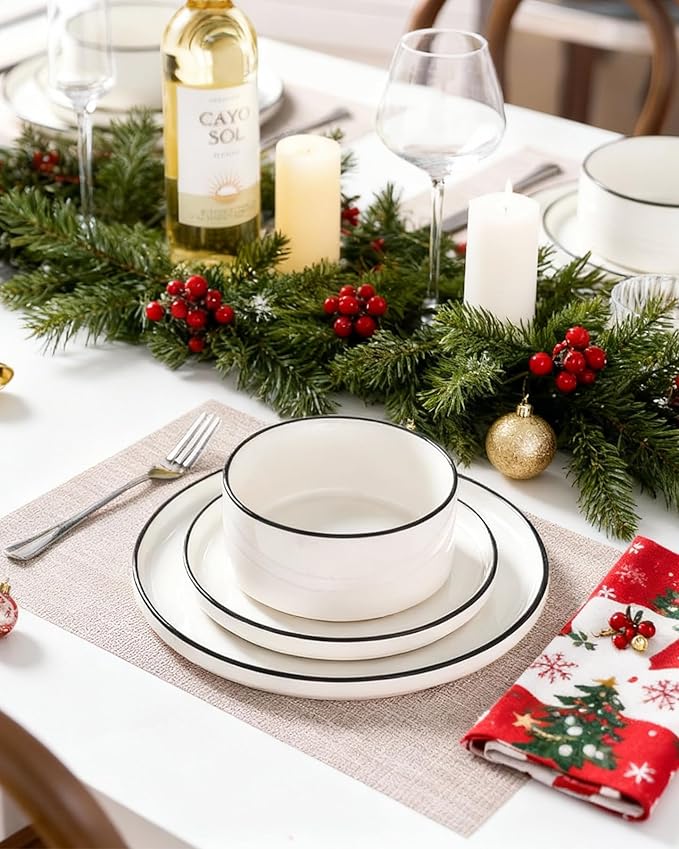 Famiware Porcelain Dinnerware Set, 24-Piece Modern Plate and Bowl Set, dish set for 8, Microwave and Dishwasher Safe Tableware, White with Black Trim