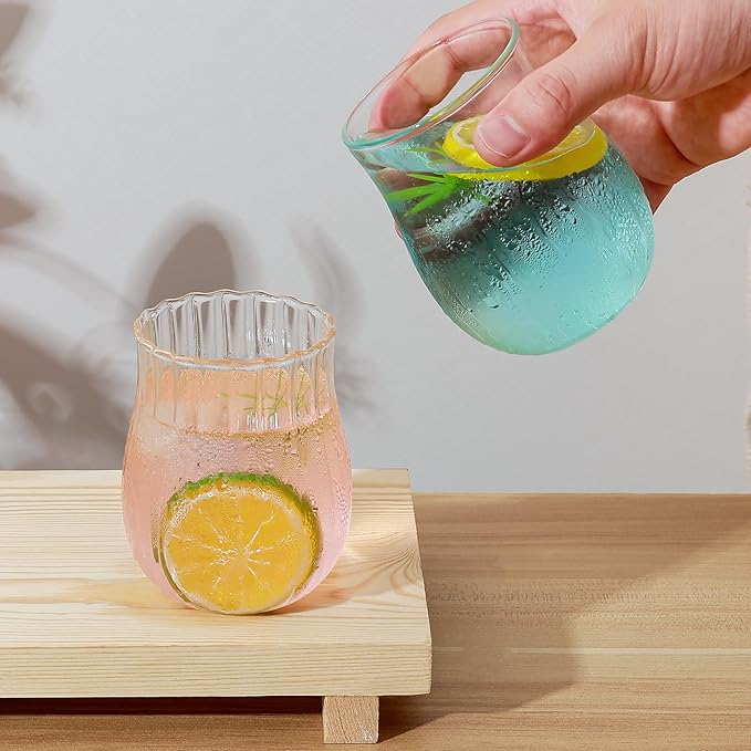 Koythin 2-Piece Ribbed Glass Cups, Vintage Drinking Glassware for Iced Coffee Juice Cocktails Milk Tea Beer, 10 oz/300 ml Cute Bubble Cup with Rounded Shape (Oval Tulip)