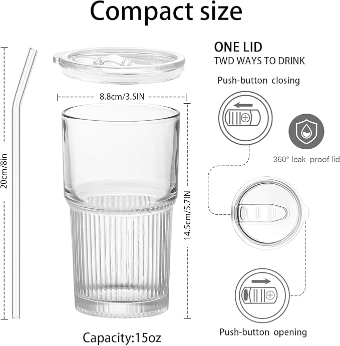 18.5oz Glass Cups with Lids and Straws – Single Reusable Tumbler, Thickened Shatter-Resistant Glass, Ideal for Iced Coffee, Smoothies, Cocktails, Juices – Elegant & Durable Drinkware
