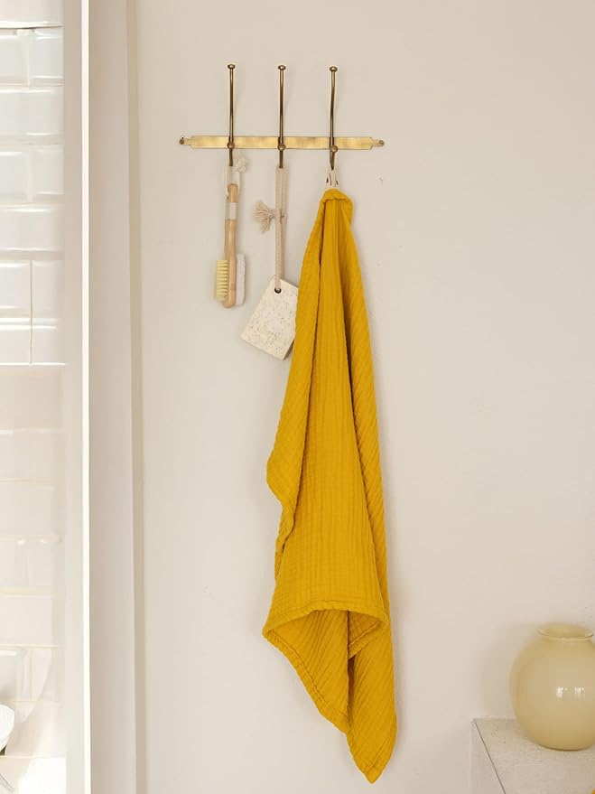 4 Pieces Muslin Towel Set for Bathroom, Luxury 100% Turkish Cotton Thin Soft Quick-Dry Lint-Free Large Size Bath Hand Towel Sets (Mustard, 2 Bath & 2 Hand Towel Set)