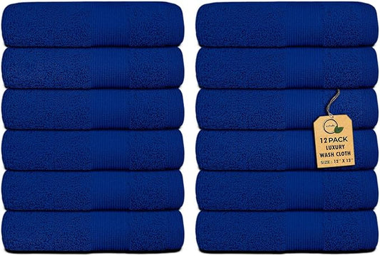 Premium Wash Cloths Pack of 12 (13" x 13") 100% Ring Spun Cotton | Luxury Washcloths | Ultra Soft Face Towels | Highly Absorbent Wash Cloths for face (Royal Blue)