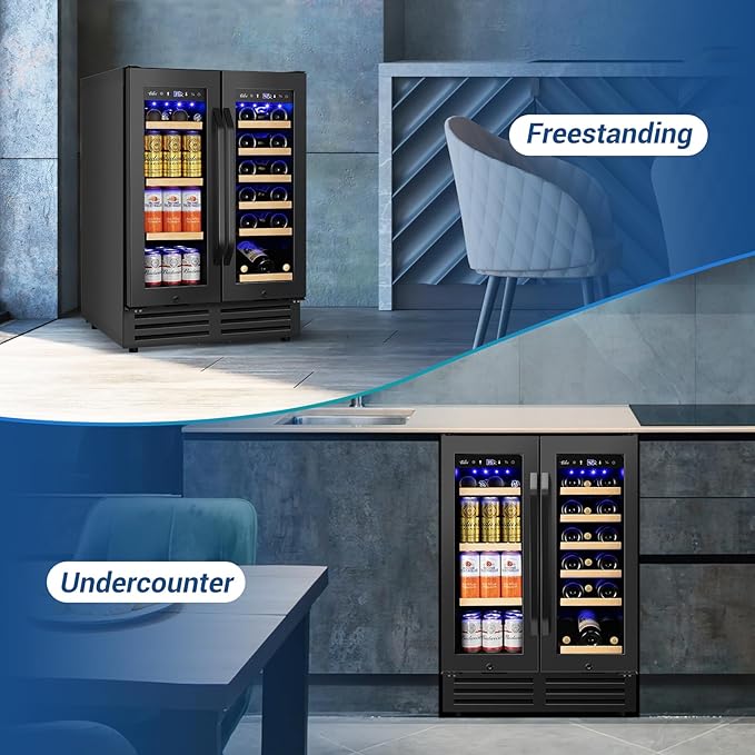 Wine and Beverage Refrigerator Black, 24 Inch Beverage Cooler Under Counter Dual Zone with Glass Door&Lock, 18 Bottles and 68 Cans Large Capacity for Beer Soda Drink, Built-In or Freestanding Fridge