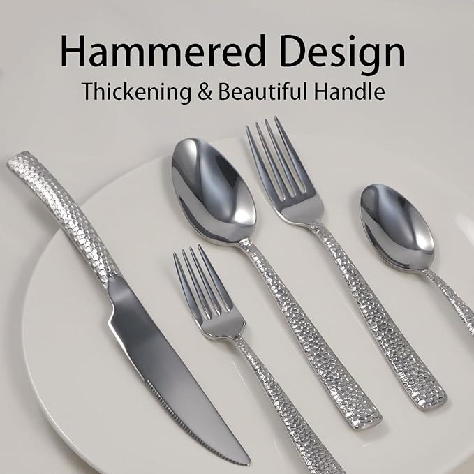 Hammered silverware set, 40 Piece Stainless Steel Flatware Set for 8, Food-Grade Tableware Cutlery Set for Home Restaurant, Mirror Polished, Dishwasher Safe