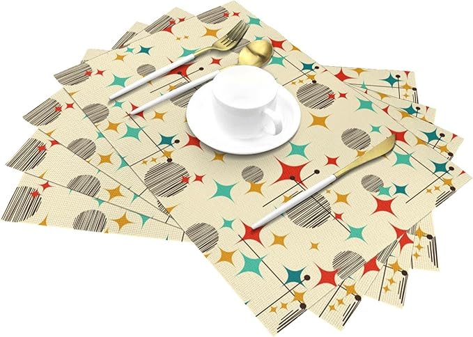 Mid Century Modern Atomic Retro Placemats Set of 4, Yellow Table Mats Heat Resistant Washable Placemat for Kitchen Dining Table Holiday Home Decor Linen Place Mats 12x18 Inch