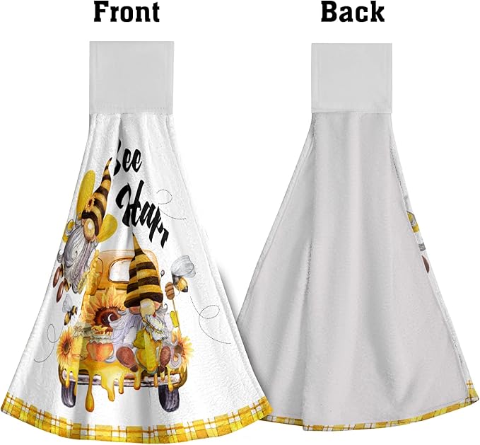 Giwawa Bee Happy Kitchen Hand Towels Yellow Gnomes Fast Dry Hanging Tie Towels 2PCS Soft Dish Wipe Cloth for Bathroom Restroom Home Decor
