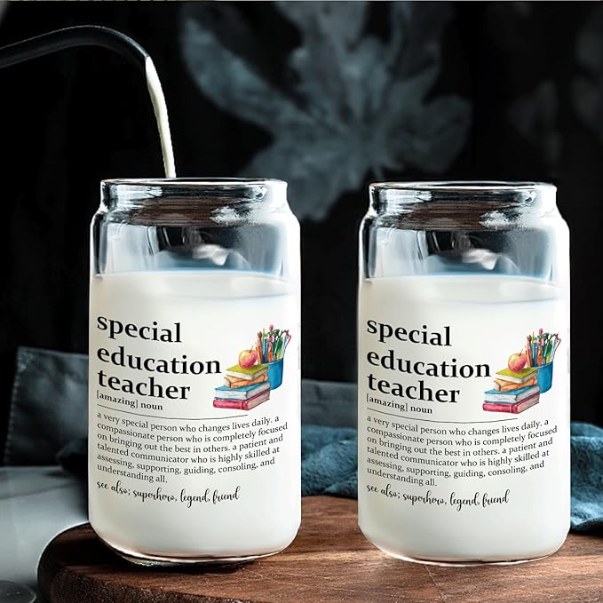 Special Education Teacher Glass Cup with Lids and Straws 14oz, SPED Teacher Appreciation Gifts, Teachers Gifts for Women Glass Iced Coffee Tumbler Drinking Jars with Cleaning Brush