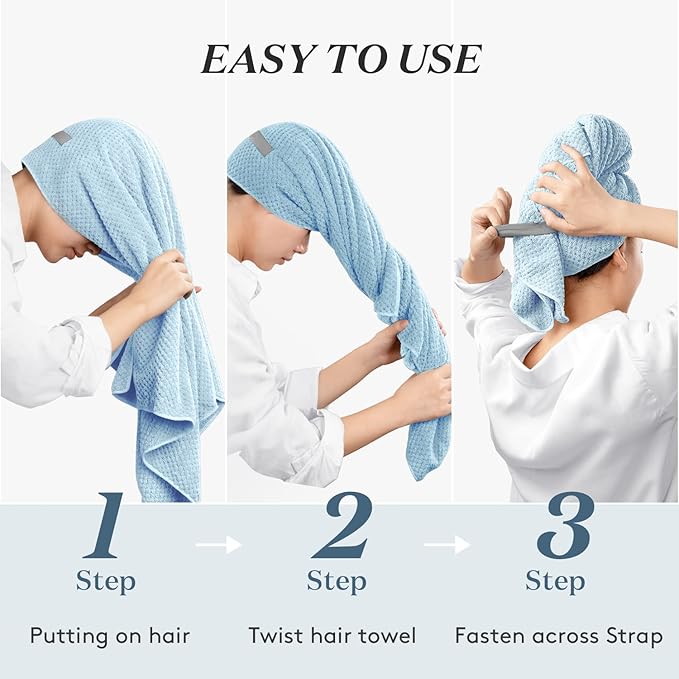 YFONG Large Hair Towel Wrap for Women, Super Absorbent Microfiber Hair Towel for Curly Hair, Fast Drying Hair Turbans with Elastic,Hair Drying Towel Wrap for Hair Care 26.3" X 40" (Blue)