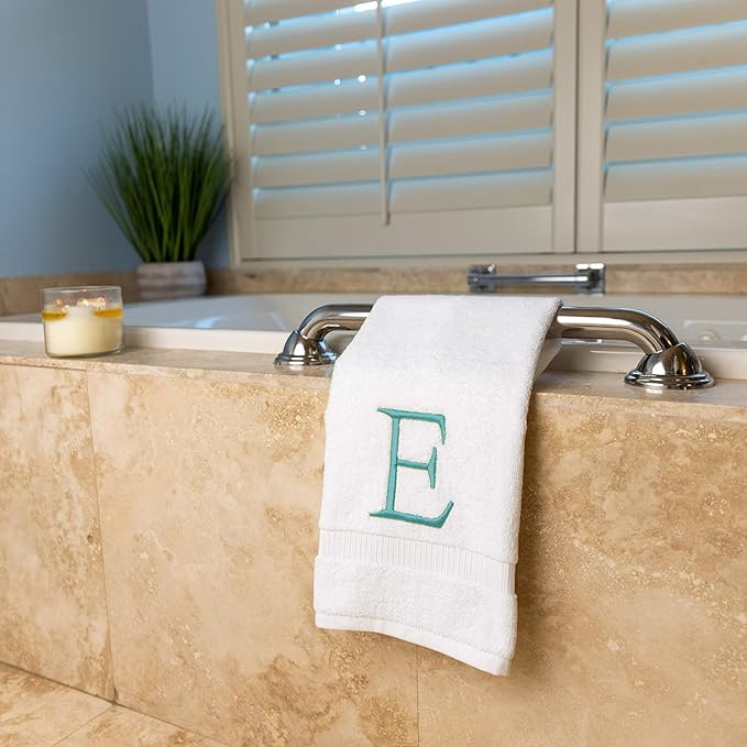 White Monogram Hand Towel for Bathroom - Monogrammed Initial Hotel Quality Decorative Embroidered Luxury Towel for Powder Room, Spa - GOTS Organic Certified - Set of 2 Teal Letter E