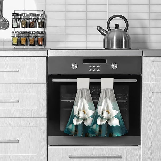 Giwawa White Floral Hanging Kitchen Towels 2 Pieces Turquoise Leaf Tie Towels Hand Towel Soft Absorbent WashCloth for Bathroom Tabletop Laundry