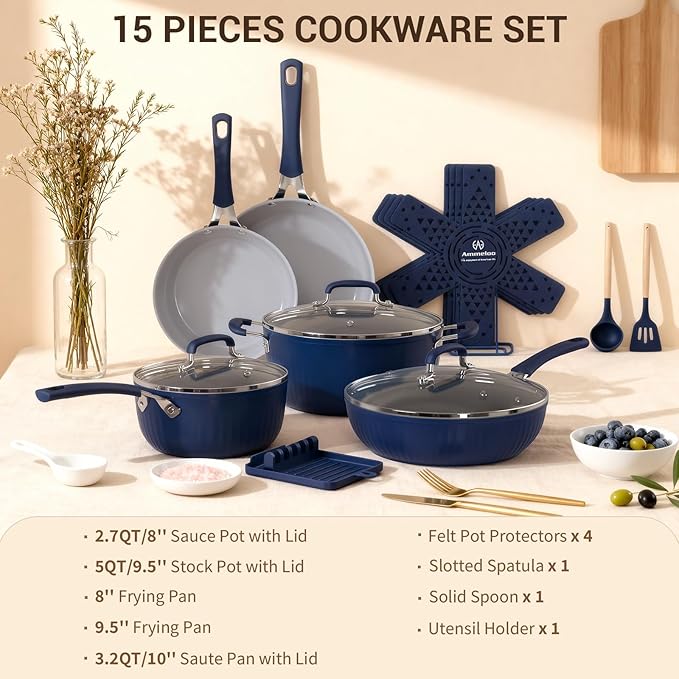 Ammeloo 15-Piece Ribbed Ceramic Cookware Set, Pots and Pans Set Non Stick, Induction Ready, Healthy Non Toxic Kitchen Cooking Set PFAS/PFOA/PTFE-Free, Silicone-wrapped Stay-Cool Handle