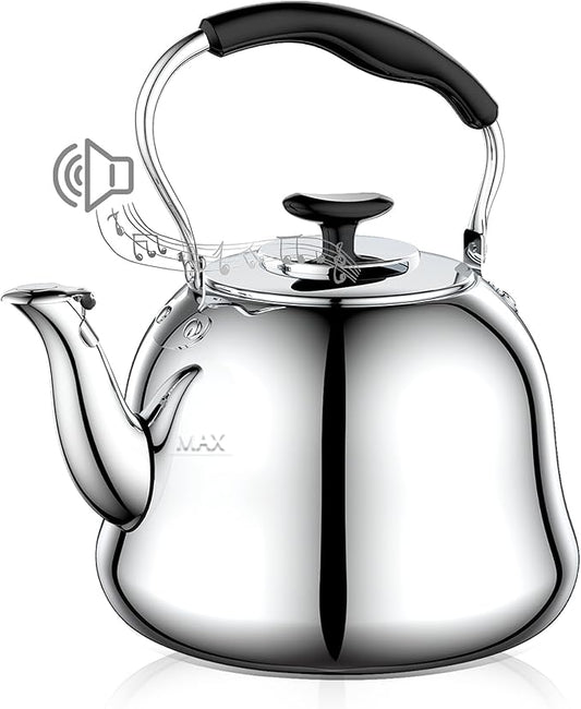 2L Whistling Stovetop Tea Kettle - Food Grade Stainless Steel Teapot with Fast Boil, Wide Mouth, Folding Handle, Ideal for Stove Top – Perfect for Tea, Coffee & Hot Water, Mirror Finished