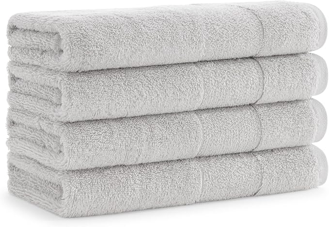 Aston & Arden Aegean Terry Hand Towels - Set of 4 - Ringspun Turkish Cotton Thick and Soft Absorbent Luxury Hotel and Spa Bathroom Towel, 600 GSM, 18 x 32 in, Light Grey