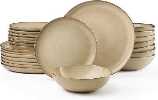 HaWare Dinnerware Sets, 24-Piece Stoneware Plates and Bowls Set, Dish Set for 8, Ceramic Dishware for Home Restaurant, Chip and Scratch Resistant, Microwave and Dishwasher Safe, Reactive Sandy Khaki