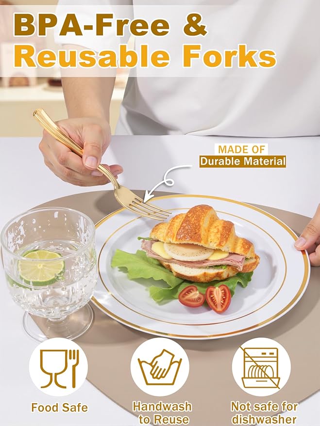WDF 300PCS Gold Plastic Forks - Heavy Duty Gold Forks Disposable - Sturdy&Durable Plastic Silverware Bulk for Wedding/Christmas Party/Daily Using