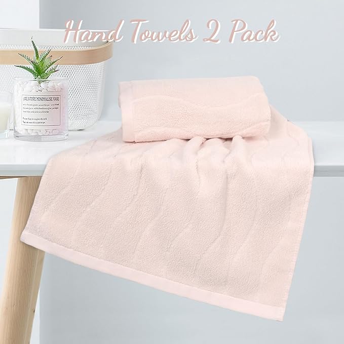2-Piece Hand Towels for Bathroom with Wavy Striped Jacquard, Premium Quick Dry Spa Face Towels 13"x29", Blush Pink