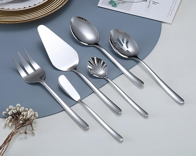 Silverware Set 46 Piece - Stainless Steel Flatware Set With Cake Server, Serving Spoons, Forks, Sugar Spoon, Butter Knife (Shiny Silver)