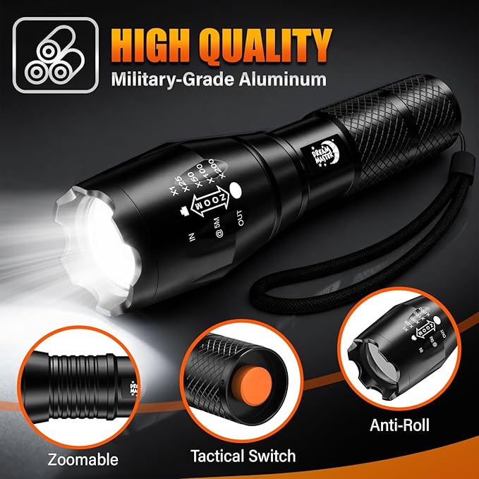 Dream Master 2 Pack LED Flashlights High Lumens with 6 AAA Batteries, 5 Modes Mini Waterproof Tactical Bright Flashlight for Camping Hiking, Stocking Stuffers & Christmas Gifts for Him, Men, Dad