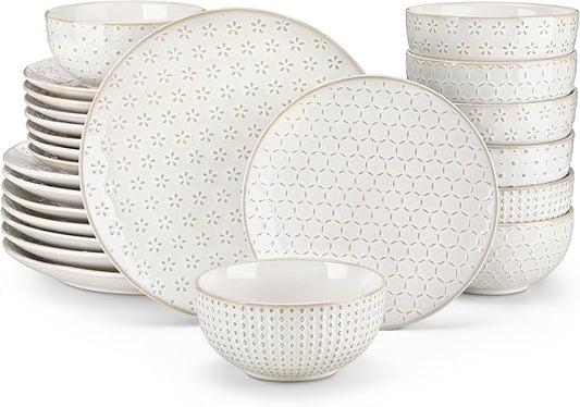 MALACASA 24 Piece Dinnerware Set, Embossed Ceramic Dish Sets Service for 8, Plates and Bowls Set, Durable Stoneware Tableware for Family Dinners, Dishwasher & Microwave Safe
