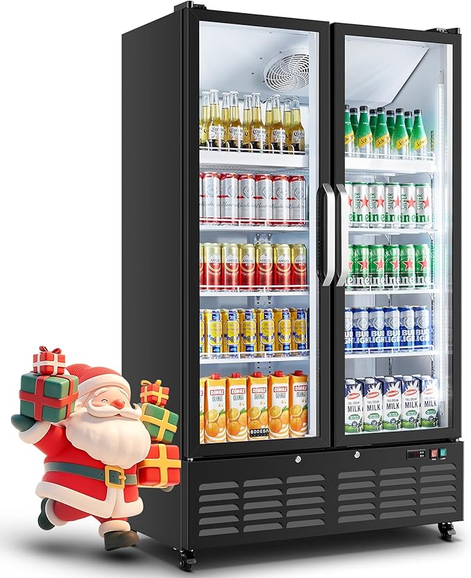 BODEGACOOLER Commercial Merchandiser Refrigerator, 2 Glass Door Display Refrigerator, 27.02 Cu.Ft Upright Beverage Display Cooler with Soft LED Light, Adjustable Shelves, 4 Strong Castors(Black)