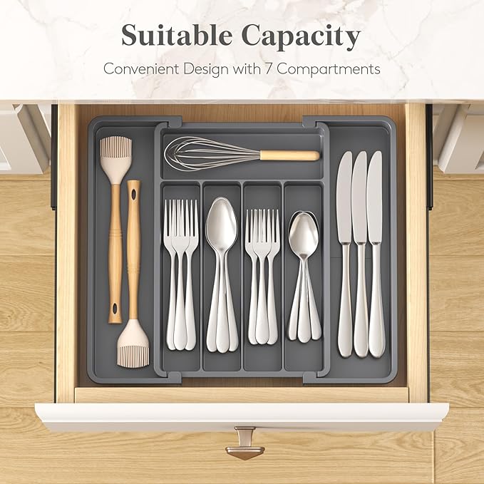 Lifewit Silverware Drawer Organizer, Expandable Utensil Tray for Kitchen, BPA Free Flatware and Cutlery Holder, Adjustable Plastic Storage for Spoons Forks Knives, 8.5"-14.1" x 12.1", Dark Gray
