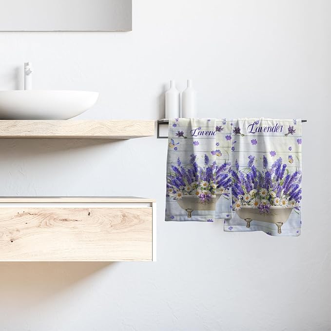 Imiss Lavender Flowers Towel 14.4 x 28.3 Inch - Purple Floral Butterfly Farmhouse Washcloth Set of 2, Rustic Wooden Decorative Kitchen Dishcloth Towel for Home,Gym,Spa,Hotel