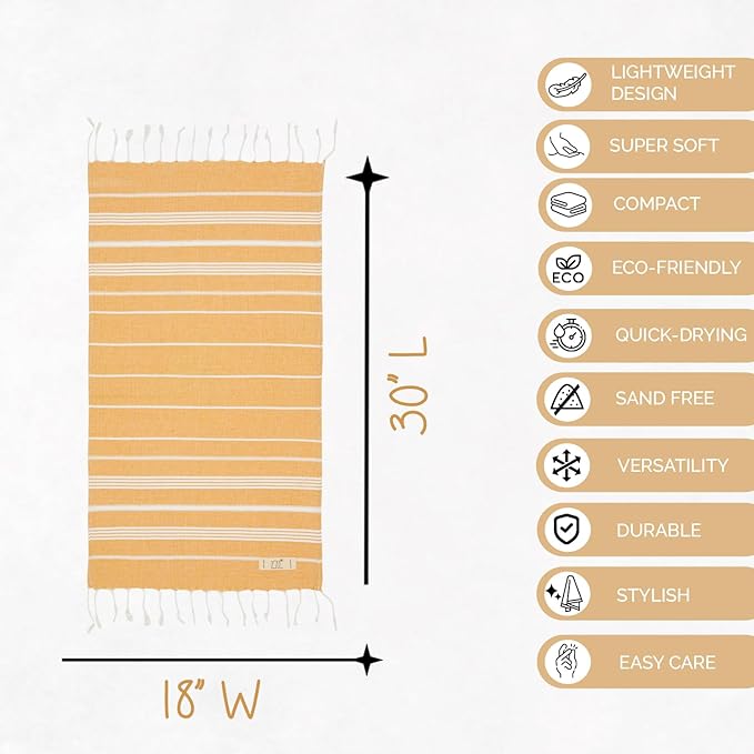 Hand Towels - Set of 2, 18" x 30" inches, Decorative Peshtemal Cotton Hand Towels for Kitchen, Bath, Guest, Face, Hair, Gym, Yoga, Dishcloth, Travel (Mustard Yellow)