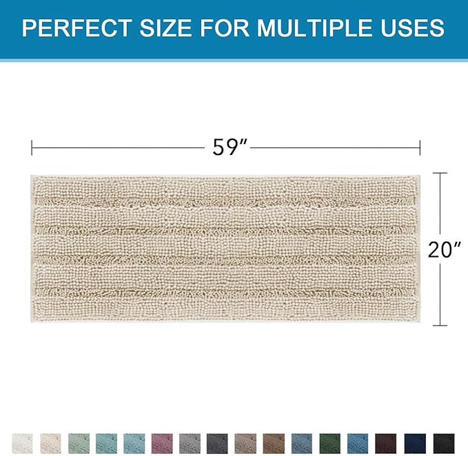 H.VERSAILTEX Bath Rugs for Bathroom Non Slip Bath Mats Thick Chenille Striped Bath Rug Runners 59" x 20" Absorbent Fluffy Soft Shaggy Mats Dry Fast Plush Area Carpet for Bath Room - Fog