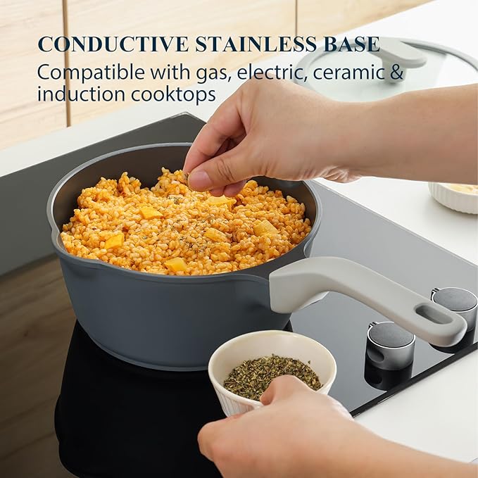 PRICUSIS Nonstick Saucepan Set with Lids, 2QT and 2.7QT Ceramic Sauce Pan Set, Non Toxic Sauce Pots with Pour Spouts for Multipurpose Use, PTFE, PFOA & PFAS Free, Induction Compatible.