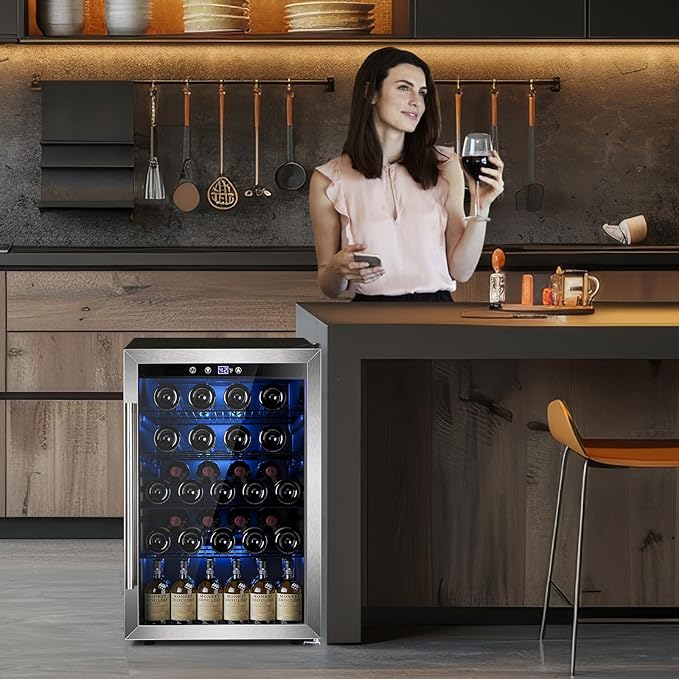 Wine Cooler 37 Bottle Freestanding Fridge with Stainless Steel Reversible Glass Door, 145 Can Beverage Refrigerator Quiet Compressor for Home Kitchen Bar, 4.5 Cu.ft Silver