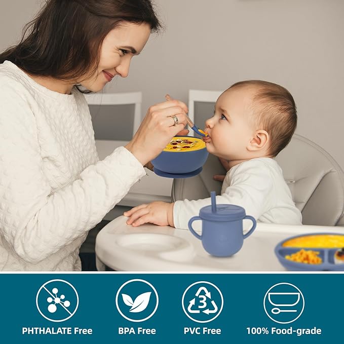 100% Silicone Baby Feeding Set, BPA Free Baby Dishes with Suction Bowl, Divided Plate, Toddler Self Feeding Dish Set with Spoons, Forks, Sippy Cup and Bib, Baby Eating Utensils (Navy Blue)