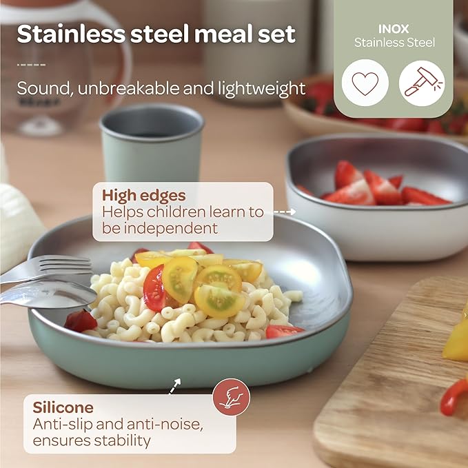 BEABA Stainless Steel Meal Set | Microwave and Oven Safe | Baby Plates Baby Bowls and Cup with Anti-Slip Silicone Cover | Kids Plates Non Toxic, Sage Green