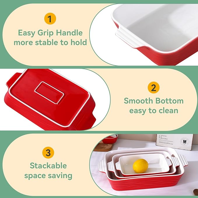 Baking Dish for Oven Ceramic Lasagna Pan 9×12.8 Inch Casserole Dishes Bakeware Set With Ramekin Large Deep Baking Dishes Rectangular Non-Stick Baking Pans for Kitchen Baking and Roasting Red